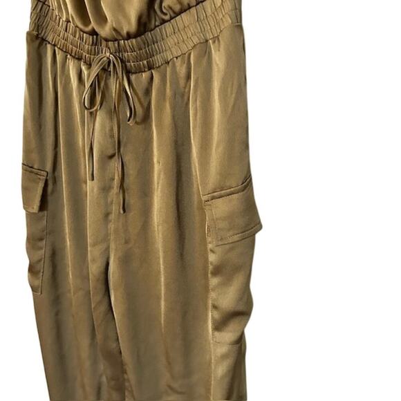 Akira Cargo Strapless Gold/Bronze Elasticized  Tie Waist Jumpsuit, Size Small - Picture 3 of 8